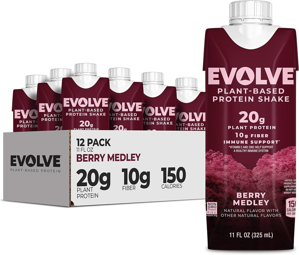 Evolve Plant Based Protein Shake, Berry Medley, 20g Vegan Protein, Immune Support, Vitamin C & Zinc, Dairy Free, No Artificial Sweeteners, Non-GMO, 10g Fiber, 11oz, (12 Pack) (Formula May Vary)