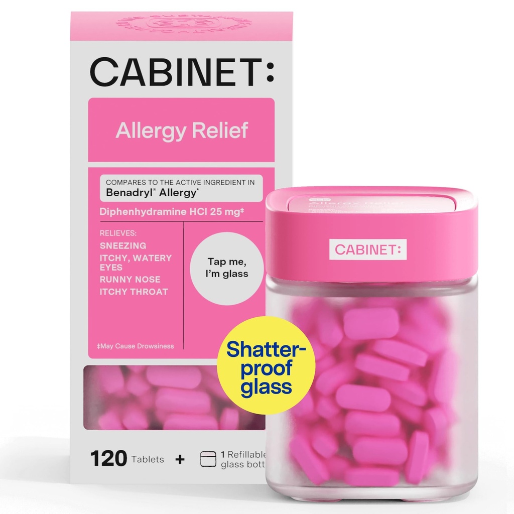 Cabinet: Diphenhydramine 25mg Altergy Relief Antihistamine Comprimés pour Allergies, Fièvre de Hay, et Runny Nez, 120 comprimés (Bouteille de verre rechargeable)