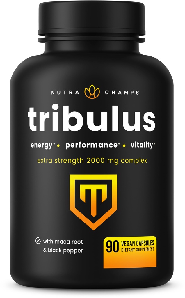 NutraChamps Tribulus Terrestris voor mannen, 2000mg Supplement Booster voor energie, vitaliteit, uithoudingsvermogen en prestaties, extra sterkte Saponins, 90 Vegan Capsules