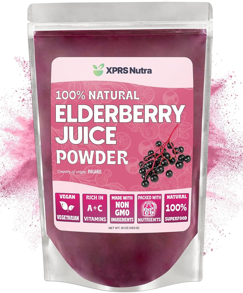 XPRS Nutra Poudre de jus de mûre aînée - Mélange de jus de fruits biologiques en poudre - Supplément de fraises aînées en poudre riche en vitamines A et C (16 oz)