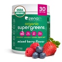 Zena Nutrition Bio Super Greens Poudre, 70+ Superfoods, 0 Sucre, Fibre 3G, Spiruline, Chlorella, Antioxydants, Prébiotiques/Probiotiques, Enzymes digestifs, Berry mélangé, 30 portions