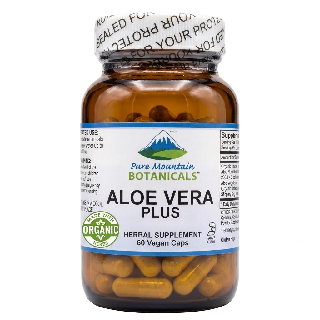 Pure Mountain Botanicals Aloë Vera Plus Capsules. 200:1 Extract. Kosher Biologische gedroogde Aloë Vera Gel, Marshmallow Root, Slippery Elm