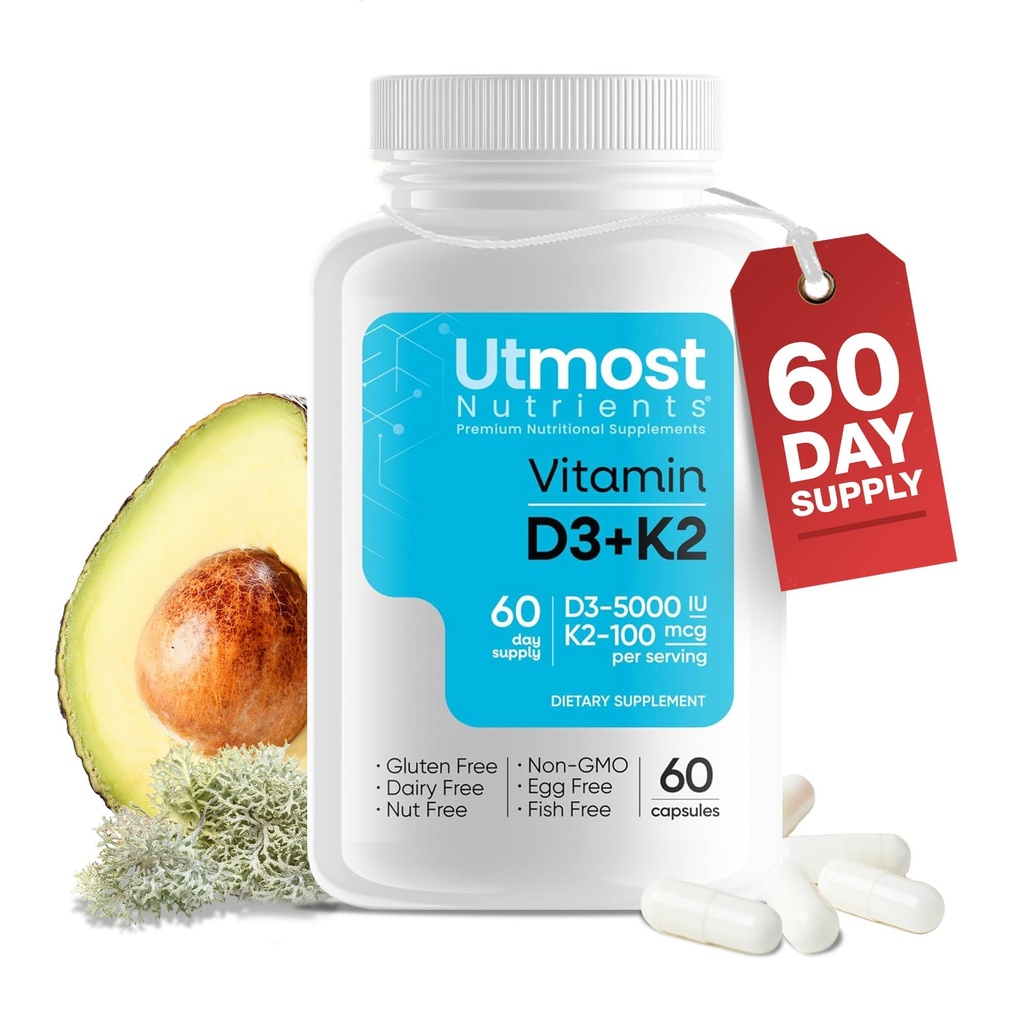 Vitamine D3 met K2-5000iu Vitamine D en 100 mcg Vitamine K Supplement in één capsule voor maximale biologische beschikbaarheid - Verbetert Calcium Absorptie voor Cardiovasculaire, Immune en Bone Health (60 capsules)