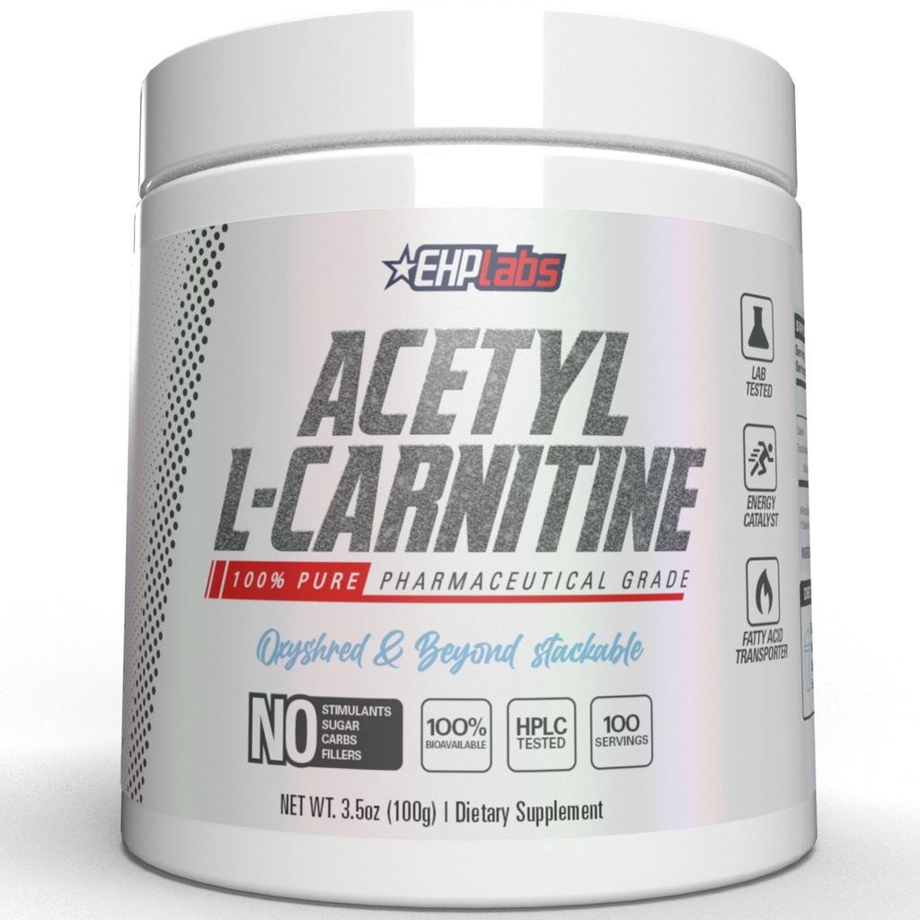 EHP Labs Acetyl L Carnitine Powder - Ondersteunt natuurlijke energieproductie, assisteert in gezonde hersenfunctie, Ondersteunt de gezondheid van het hart, veganist, Glutenvrij, Niet GGO - 100 porties
