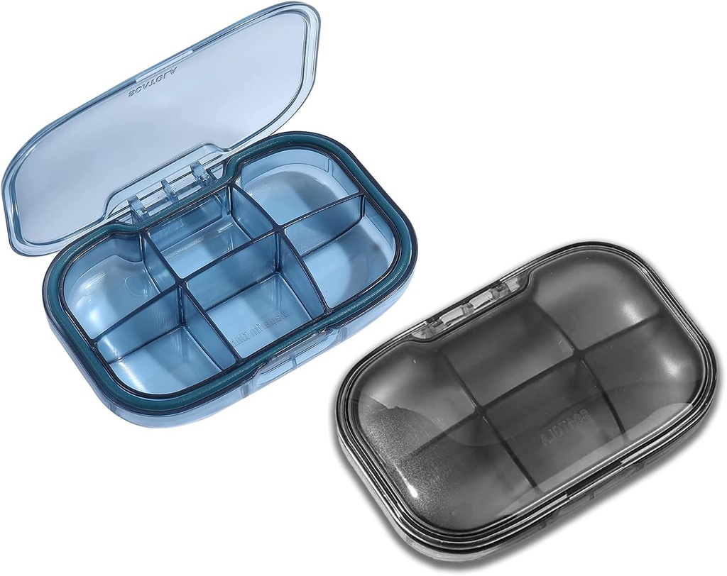 2 Paquet 6 Pilule de compartiment, Housse de preuve d'humidité, Organisateur de pilules de voyage pour la purée de poche, Boîte quotidienne à vitamines, Boîte à huile de poisson, Boîte de supplément (bleu et noir)