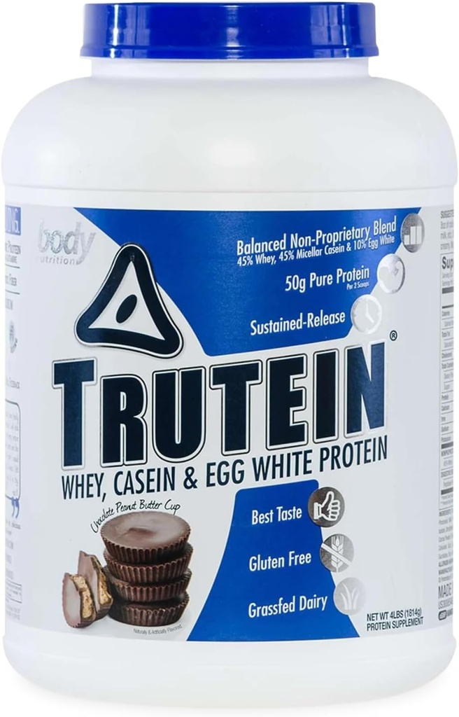 Body Nutrition Trutein High Protein Powder: 45% Wei, 45% Caseïne, 10% Egg White Protein Shake Mix, Glutenvrij, Low Sodium, Low Carb Proteïne Supplement voor mannen en vrouwen, Chocolate Peanut Butter, 4lb