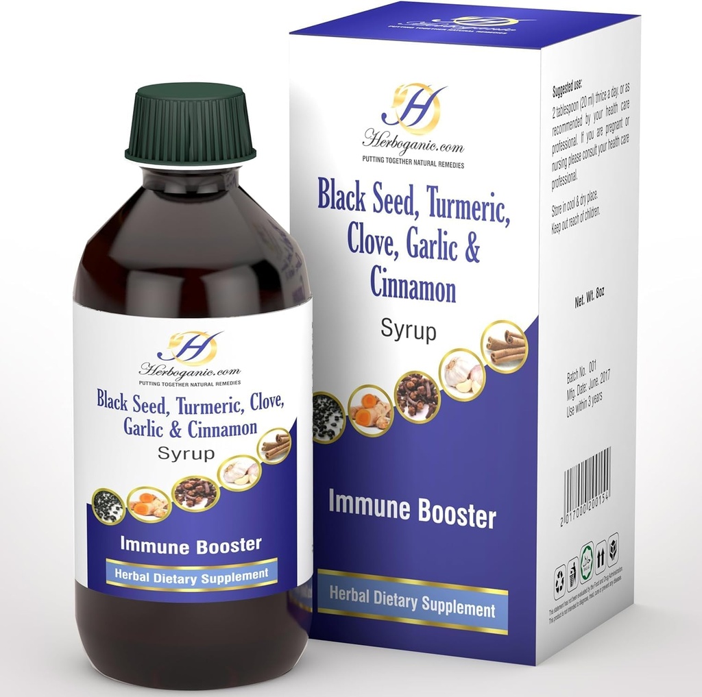 Sirop Immune sans Elderberry pour les enfants et les adultes - Mélange parfait de graines noires biologiques, curcuma, girofle, cannelle et ail - Booster Immune sans Sirop Immune biologique