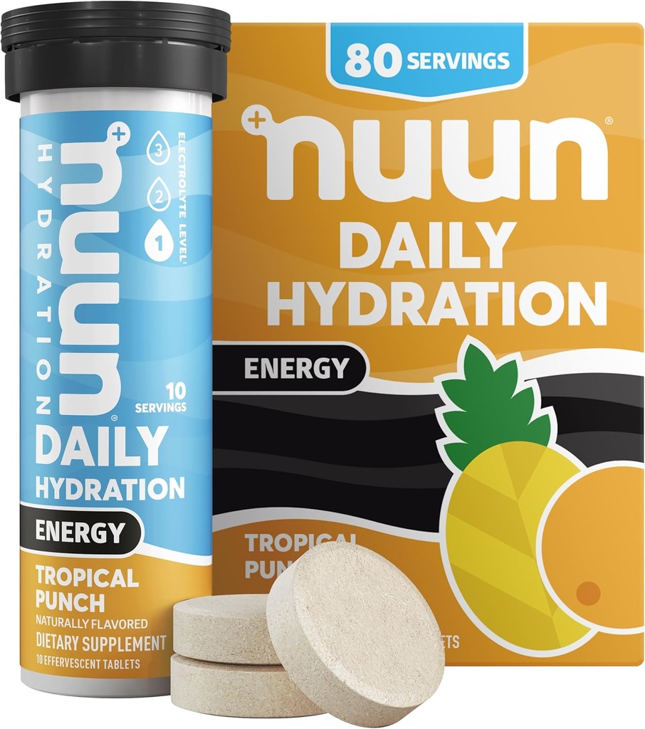 Nuun Energy Electrolyte Tablets with Ginseng, Cafeïne uit Green Tea Extract, Vitamine B12, B6, B5, Magnesium & 4 Andere Elektrolyten, Glutenvrij & Vegan, Tropical Punch, 8 Pack (80 Servings Totaal)