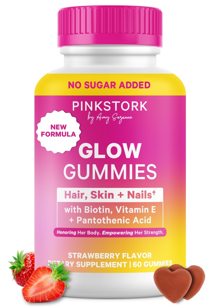 Roze Ooievaars Total Glow Gummies for Women Hair, Skin & Nails Vitamin with Biotin, Vitamin A, B6, B12, Folate, Zink & Meer .. Ondersteuning voor de stralende huid, sterke nagels, en gezonde haren 60 Berry Gummies