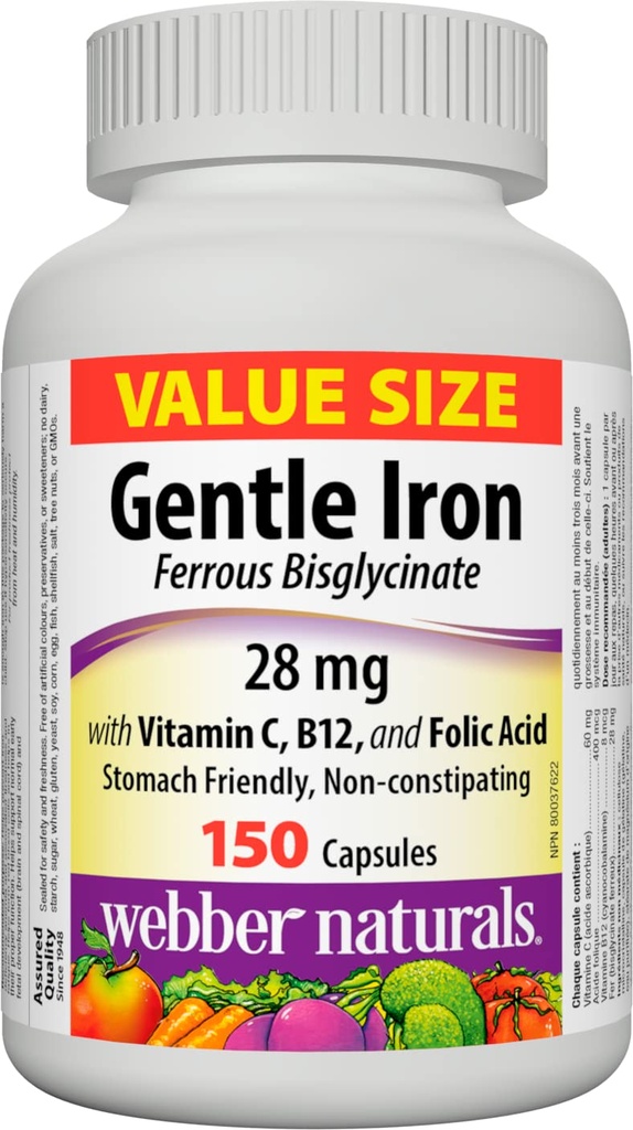 Webber Naturals Supplément en fer doux avec vitamine C, B12 et acide folique, 28 mg, 150 capsules, amis de l'estomac, non constipant, aide à prévenir l'anémie de carence en fer