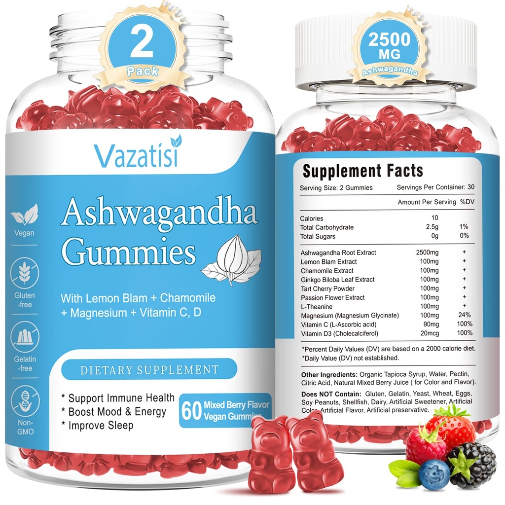 2 Pack Gummies Ashwagandha pour les femmes hommes, sans sucre supplément de Gummies Ashwagandha biologique pour la détente équilibre de restauration, Vegan sans gluten, 120 comte