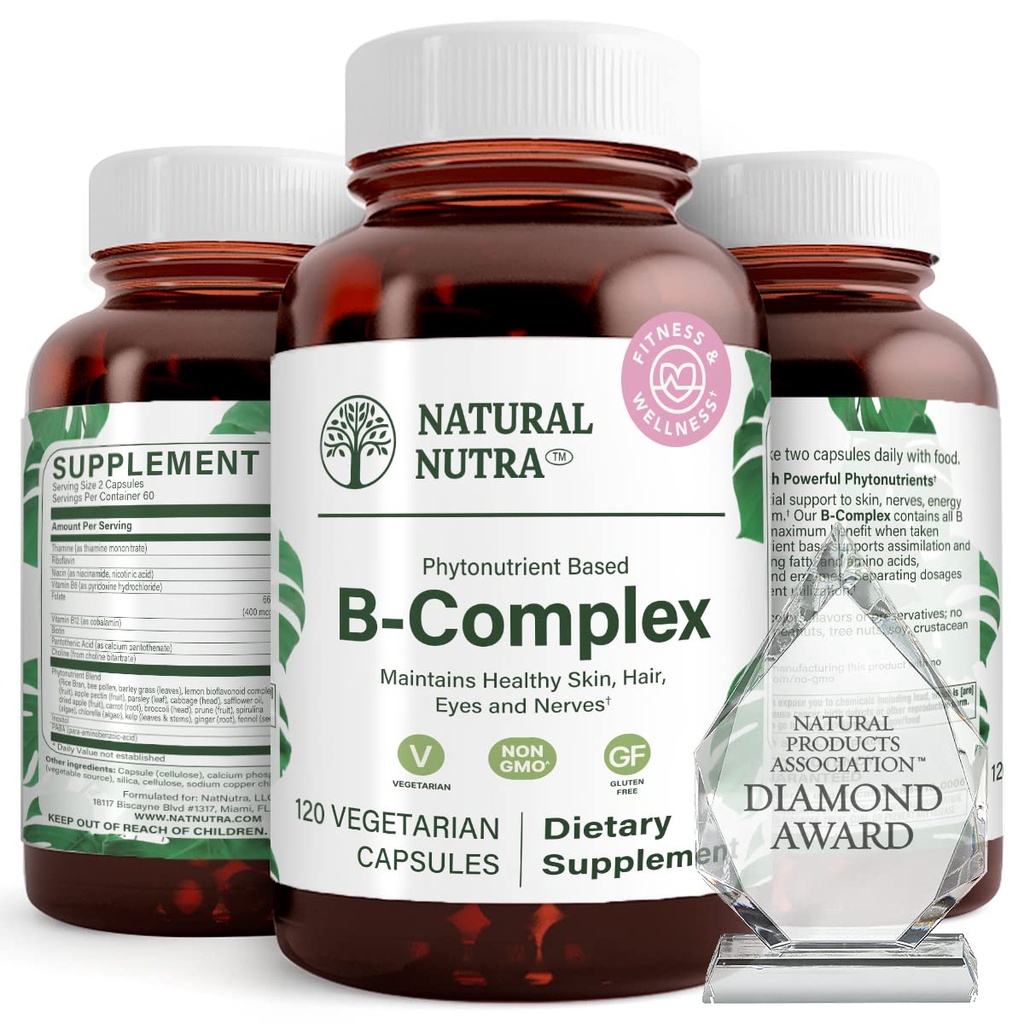 Natural Nutra Vitamine B Complex met Niacin, Folaat, Thiamin, Biotine, Ondersteunt de gezondheid van het zenuwstelsel, bevordert de stofwisseling, huid, ogen en haar gezondheid, Whole Food Supplement, 120 Vegetarische Capsules