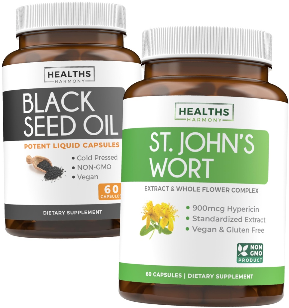 Black Seed Oil & St. John's Wort (1-maand supply) Serene Blend Bundle of Black Seed Oil (60 capsules) Cold-Pressed Nigella Sativa & St. John's Wort (60 capsules) with Powerful 900mcg Hypericine