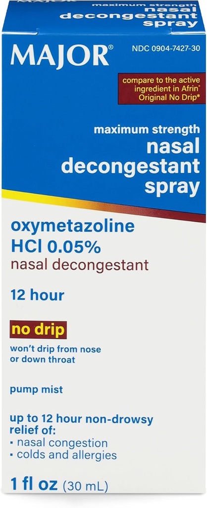 MAJOR Maximale sterkte Nasale decongestant Spray, Oxymetazoline HCl 0,05% Pump Mist, Non-Drowsy neusspray, tot 12-uurs verlichting van nasale congestie, verkoudheid en allergieën 1 Fl. Oz. (1-pack)