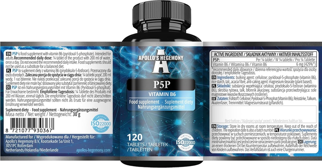 Pyridoxaal-5-Fosfaat (P-5-P) 50 mg per tablet - 120 Vegan tabletten - Levering voor 480 porties - Ondersteunt zenuw- en psychologische functies - Vitamine B6 Dieetsupplement - door Apollo's Hegemony