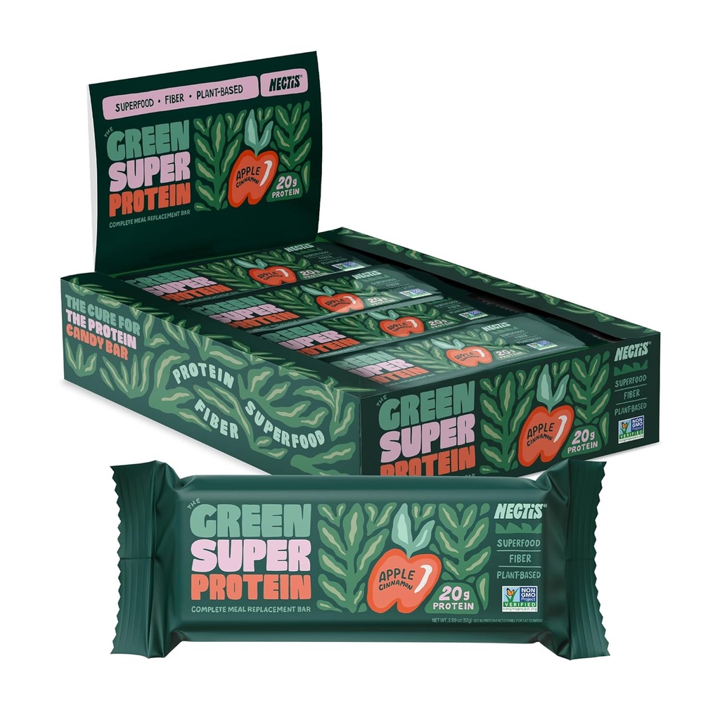 Nectis Green Super Protein Meal Bars, Apple Cinnamon, 20g plantaardige proteïne, Biologische Groenen, hoge vezels, veganistisch, geen soja, non gmo, 82g Bar, 8 pak