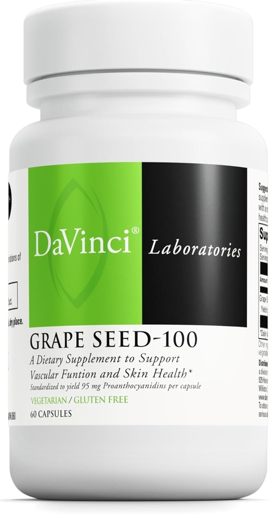 DAVINCI Labs Grape Seed-100 - Dieetsupplement ter ondersteuning van het immuunsysteem, bloedvatfunctie en gezonde huid* - met 100 mg druivenzaadextract per portie - Glutenvrije - 60 vegetarische capsules