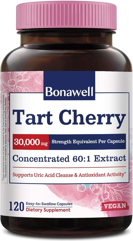 Bonawell Tart Cherry Capsule 60:1 Extrait, 30000mg Force, Fabriqué à partir de cerises de Tart Montmorency, puissant nettoyant d'acide Uric, Mobilité, 4 mois d'approvisionnement, 120 capsules