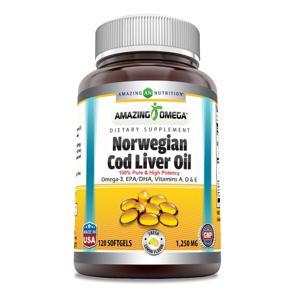 Amazing Omega Norwegian Cod Liver Oil 1250 Mg Softgels Supplement: Omega-3, EPA, DHA, Vitamine A, Vitamine D & Vitamine E (Lemon)