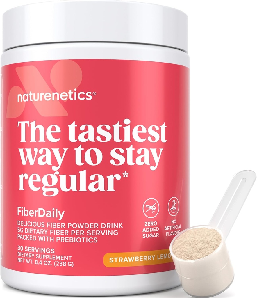 FiberDaily Delicious Fiber Powder - Biologische Psyllium Husk, Agave Inulin & Sunfiber® Guar Gum Aardbei Lemonade Drink, Suikervrij, Oplosbare Vezel, Prebiotic Fiber Supplement, Veganistisch, 1 maand levering