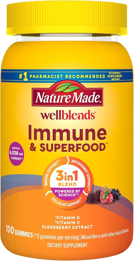 Natuur Wellblends Immune & Superfood, Vlierbessen Gummies met Acerola Cherry Extract, Plus Vitamine C + Vitamine D, Immuun Ondersteuning Supplement, 100 Gummy Vitaminen