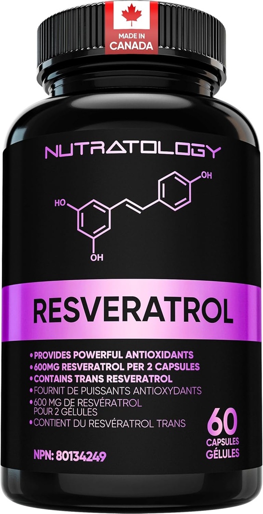 Nutratologie Resvératrol Supplément- Potent Antioxydant Supplément - Anti vieillissement Trans Resvératrol - Augmente la santé cardiovasculaire, la régénération cellulaire et la croissance des cheveux - 60 capsules - 30 portions