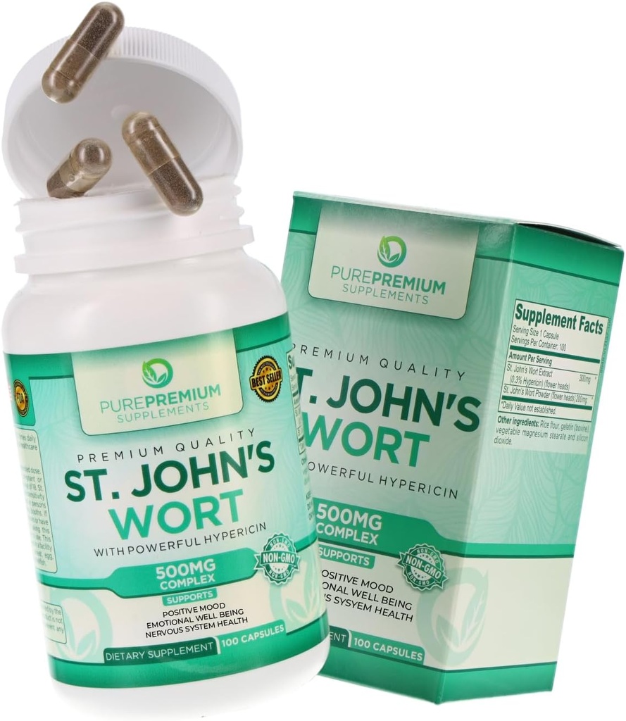 Pure Premium St. Johns Wort Capsules 500mg - Mood Support Supplement - Herbal & Natural Normal Stress Supplementen - St John Wort Support Positieve Mood voor mannen en vrouwen - 3 maanden levering - 100 capsules
