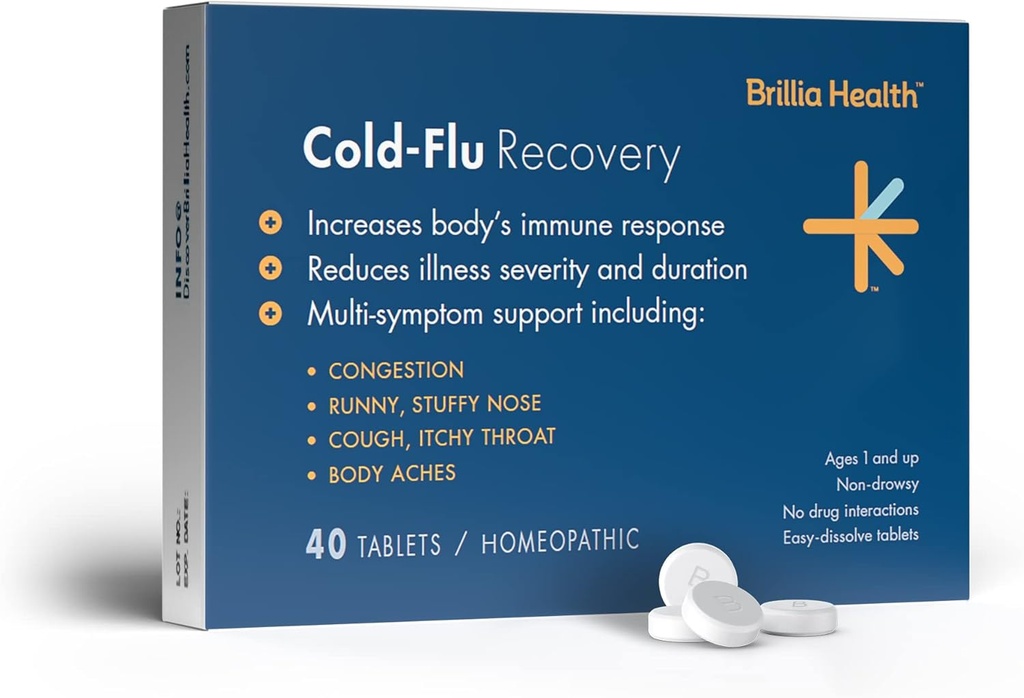 Brillia Health - Cold-Flu Recovery - 40 tabletten - Homeopathische Cold-Flu Relief - Biedt klinisch bewezen verlichting voor koude, griep en hoesten - voor volwassenen en kinderen