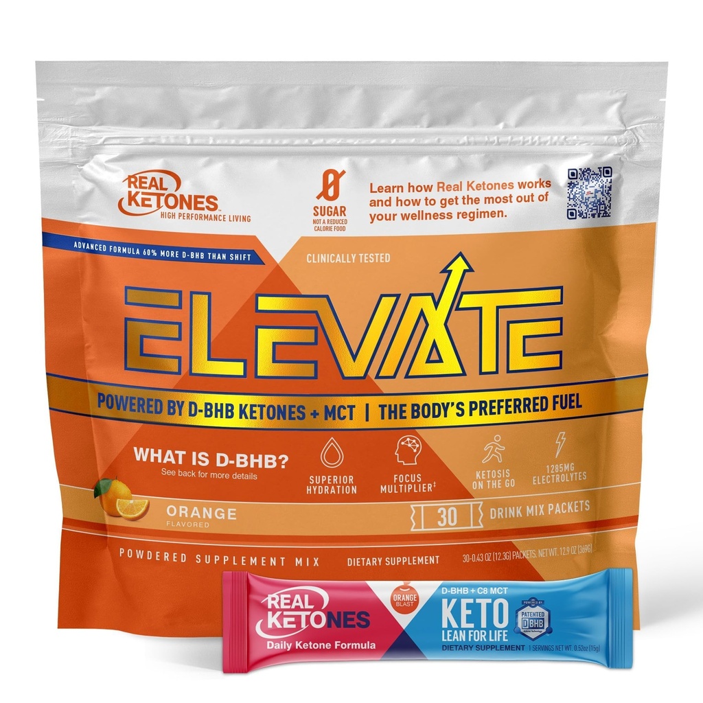 Real Ketones MCT & BHB Exogene Ketones Drink Mix Packets Elevate Keto Electrolytes Powder Packets No Sugar with 4 Main Electrolytes Plus Hydrating Proprite Keto BHB - 30 Pack Orange