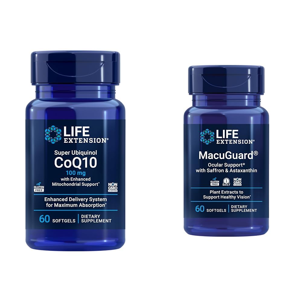 Life Extension Super Ubichinol CoQ10 Heart Health Cellular Energy 60 Softgels & Macuguard Ocular Support Lutein Zeaxanthine Saffron Astaxanthine Eye Health 60 Tel.