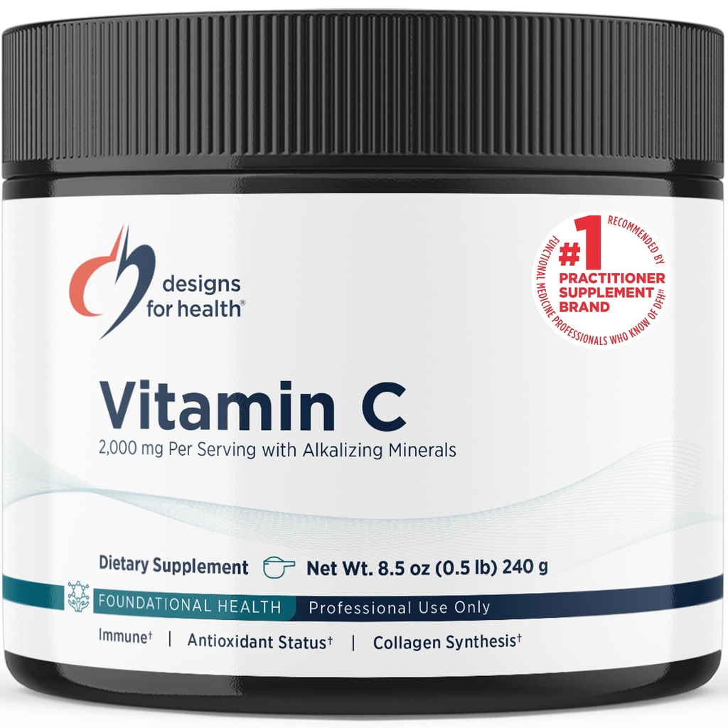 Designs for Health Buffered Vitamine C Powder 2000mg - Vitamine C en poudre (acide ascorbique) pour une dose élevée avec des minéraux alcalins à être doux sur l'estomac - Mélange de boissons non OGM (80 portions / 240g)
