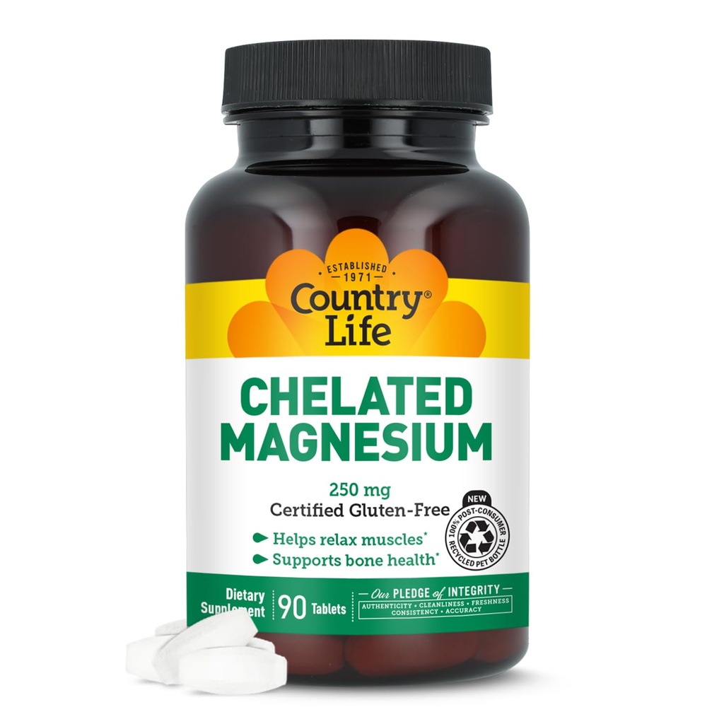 Country Life, Chelated Magnesium 250mg, Supports Bone and Immune Health, Daily Supplement, 90 ct