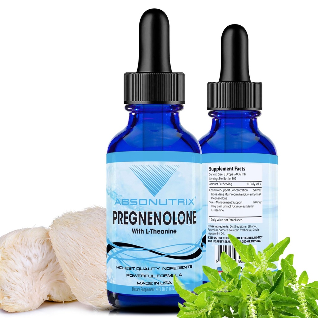 Absonutrix Pregnenolone met L-Theanine Advanced Formula 390 mg, 4 Oz Liquid, 302 Servings, Made in USA, Quick Absorptie, Quality Potent Ingredients, Non-GMO, GMP Certified Facility