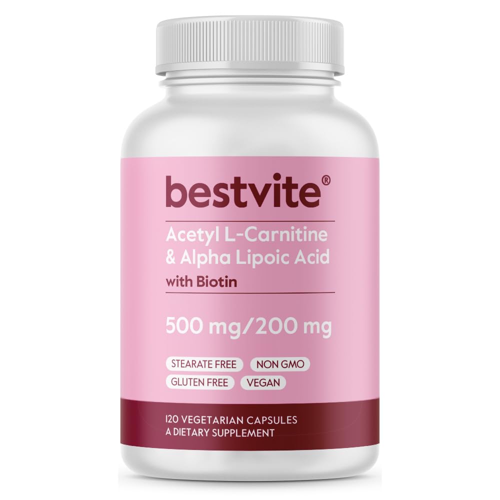 BESTVITE acétyl L-Carnitine 500mg et acide alpha lipoïque 200mg par gélule avec biotine (120 capsules végétariennes) - Pas de stéarates - Vegan - Non OGM - Sans gluten
