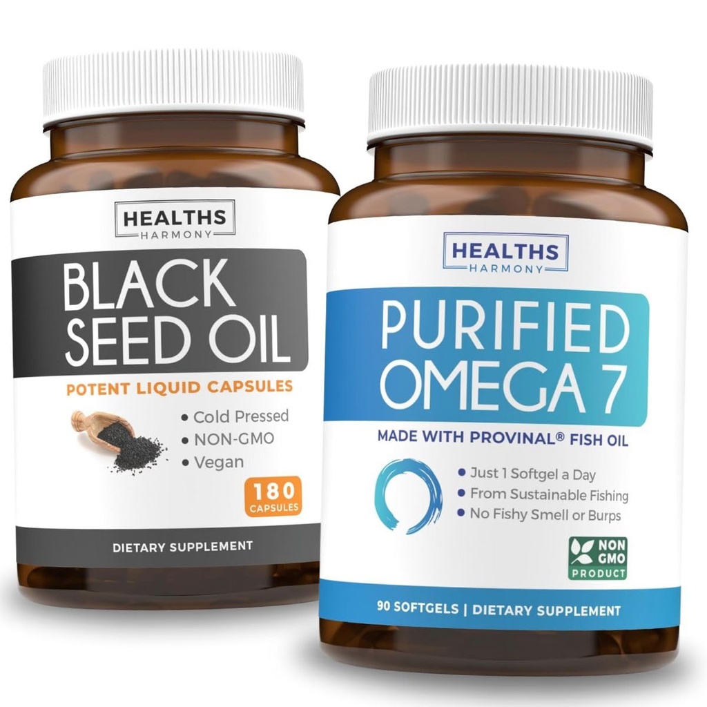 Omega 7 Softgels & Black Seed Oil (3-maand Supply) Omega Glow Blend Bundle - Purified Omega-7 Softgels (90 Softgels) Provinal Peruvian Ansjovis and Black Seed Oil (180 Capsules) Cold-pressed Oil