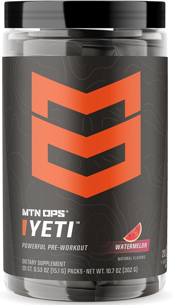 MTN OPS Yeti Trail Packs Pre-Workout Powder Energy Drink met Creatine, 200mg Cafeïne & BCAA's met Beta Alanine, 20-single porties, Watermeloen