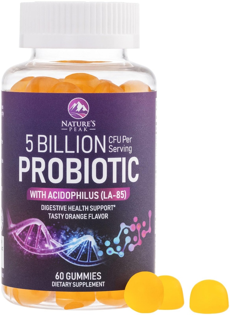 Gommies probiotiques 5 Million CFU - Supplément quotidien de gommy probiotique pour les femmes, les hommes et les adolescents - Santé Digestive Naturelle, Bien , Soutien Gut & Immune avec 6 souches biotiques Pro - Arôme Orange - 60 Compte