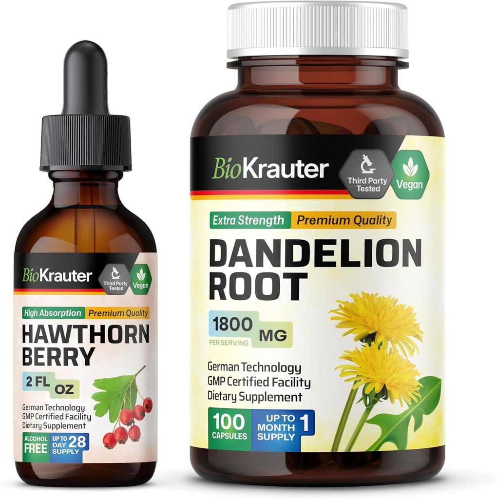 BIO Krauter Hawthorn Tinctuur 2 Fl. Oz. & Dandelion 100 Capsules