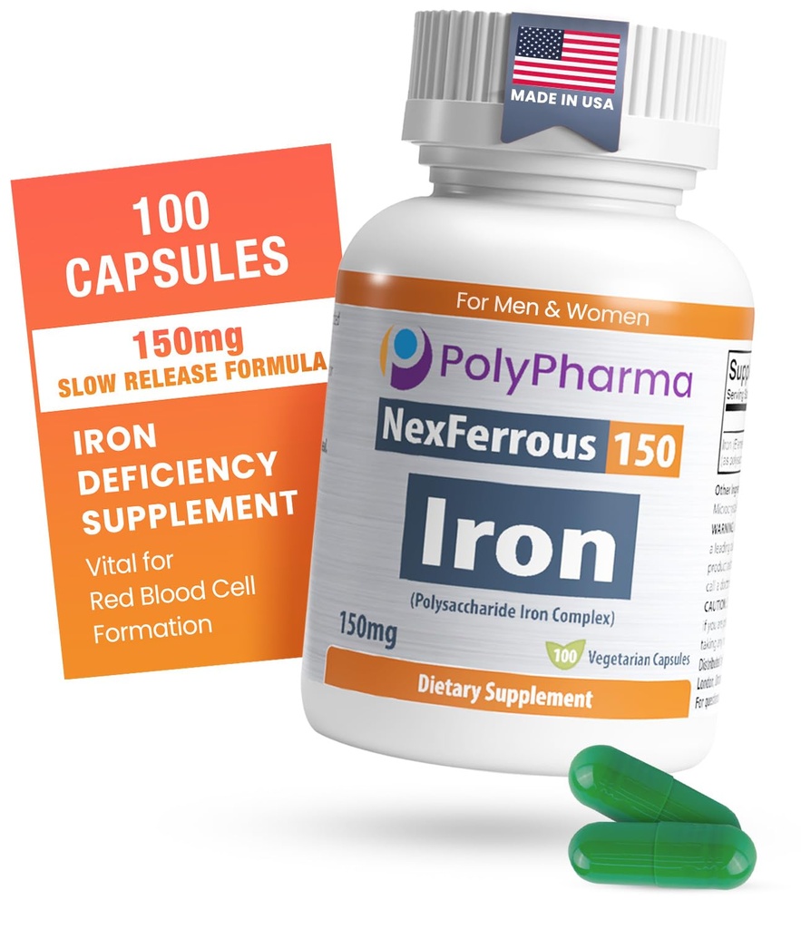 Polysaccharide Iron Complex 150mg pour l'anémie Support - Prévention et traitement du déficit en fer, soutient la formation de globules rouges, doux sur l'estomac, haute puissance, fabrication américaine, 100 capsules