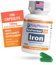 Polysaccharide Iron Complex 150mg pour l'anémie Support - Prévention et traitement du déficit en fer, soutient la formation de globules rouges, doux sur l'estomac, haute puissance, fabrication américaine, 100 capsules