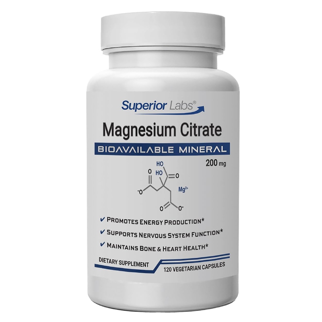 Superior Labs Citrate de magnésium 200mg, haute absorption, non-OGM, sans additifs et sans gluten, favorise le sommeil calme, l'aisance des crampes et des interrupteurs musculaires, soutient le soulagement de la constipation, 120 bouchons de veg