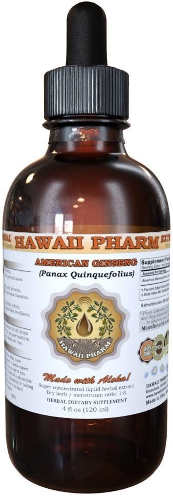 Hawaii Pharm American Ginseng Liquid Extract, Ginseng (Panax Quinquefolius) Gedroogde wortel Tinctuur Supplement 4 oz