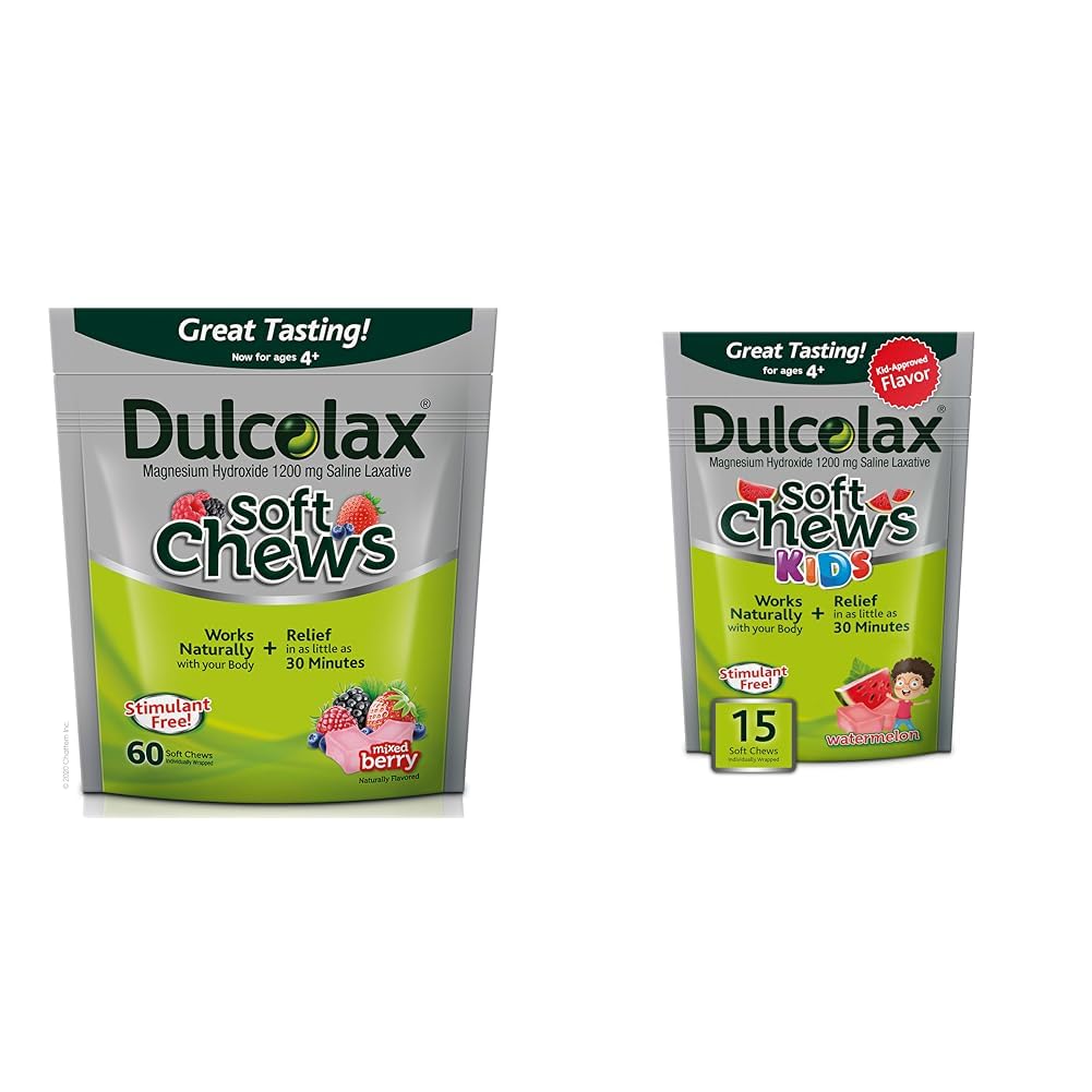 Dulcolax Zachte Kauwen Saline Laxatieve gemengde bes (60ct) Zachte Constipatie Relief & Kids Zachte Kauwen Saline Laxatieve Watermeloen Zachte Constipatie Relief, Magnesium