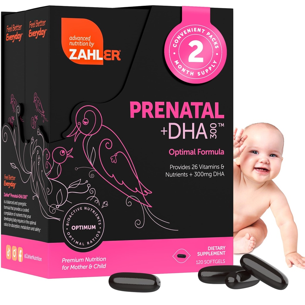 Zahler Vitamine prénatale avec DHA et folate - Suppléments DHA et multivitamine prénatale pour mère et enfant - Casher Vitamines prénatales DHA avec fer, softgels prénataux (120 Nombre (paquet de 1))