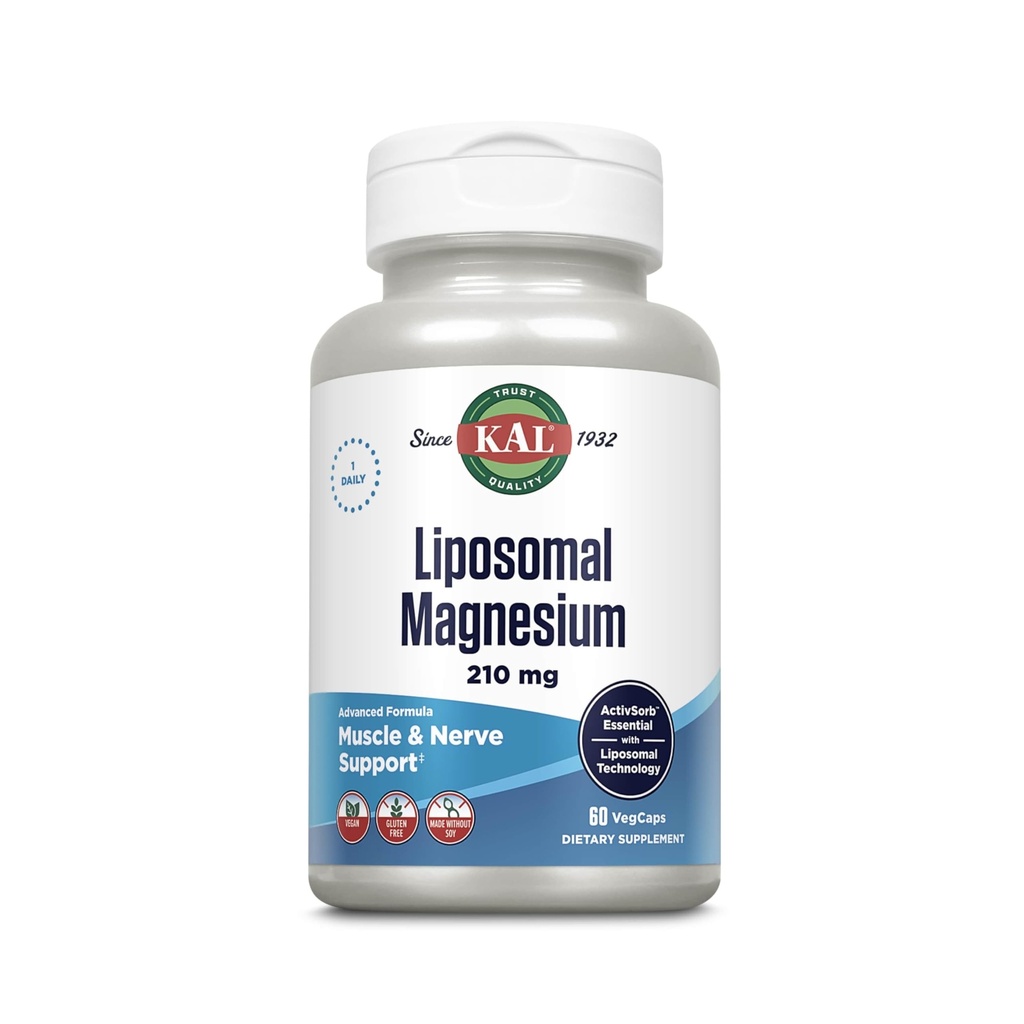KAL Liposomal Magnesium Oxide 210 mg Hoge Absorptie, Liposomale Technologie, Essentials Spierondersteuning, Geavanceerde Formule, Vegan Capsules, Glutenvrij, Geen Soja, 60 porties