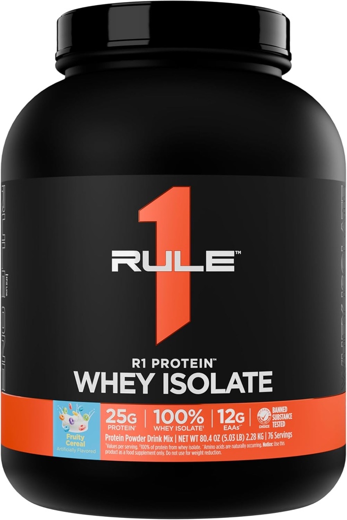 Artikel 1 R1 Proteïne Wei-isolaat - met 25 g eiwit & 6 g BCAA uitsluitend afkomstig van geïsoleerde en gehydrolyseerde bronnen voor workoutherstel (5 pond*, fruitig graan)