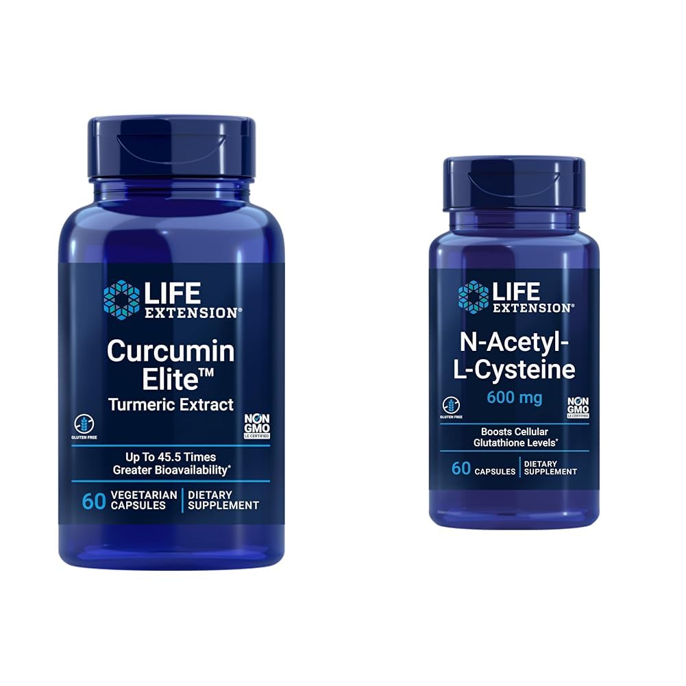 Extension de la durée de vie Curcumine Elite Turmeric Extract & N-acétyl-L-Cysteine (NAC), Immune, respiratoire, santé du foie, NAC 600 mg, Potent antioxydant Support, radicaux libres, Facile à absorber, 60 Capsules