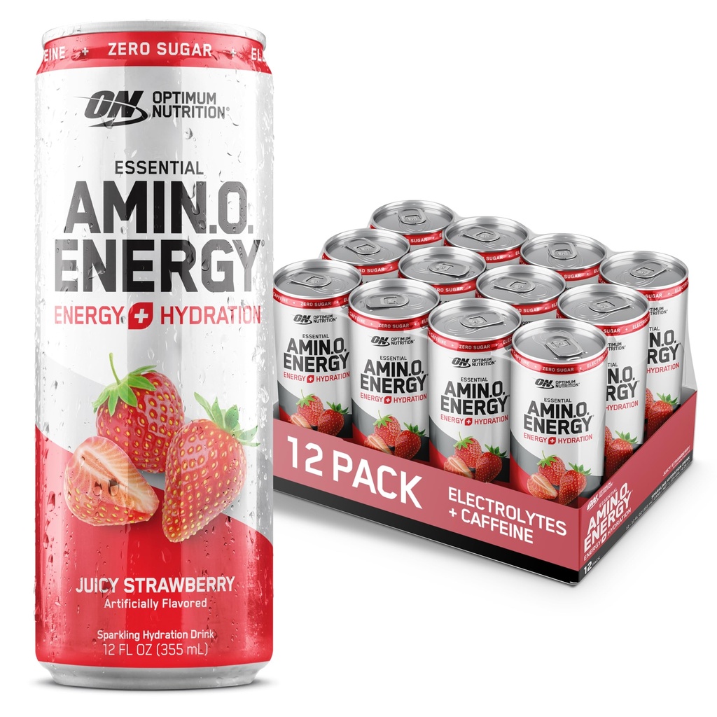 Optimale voeding Amino Energie Sparkling Hydration Drink, Elektrolyten, Cafeïne, Aminozuren, BCAA's, Suikervrij, Sappige Aardbei, 12 Fl Oz, 12 Pack (Verpakking mei Vary)