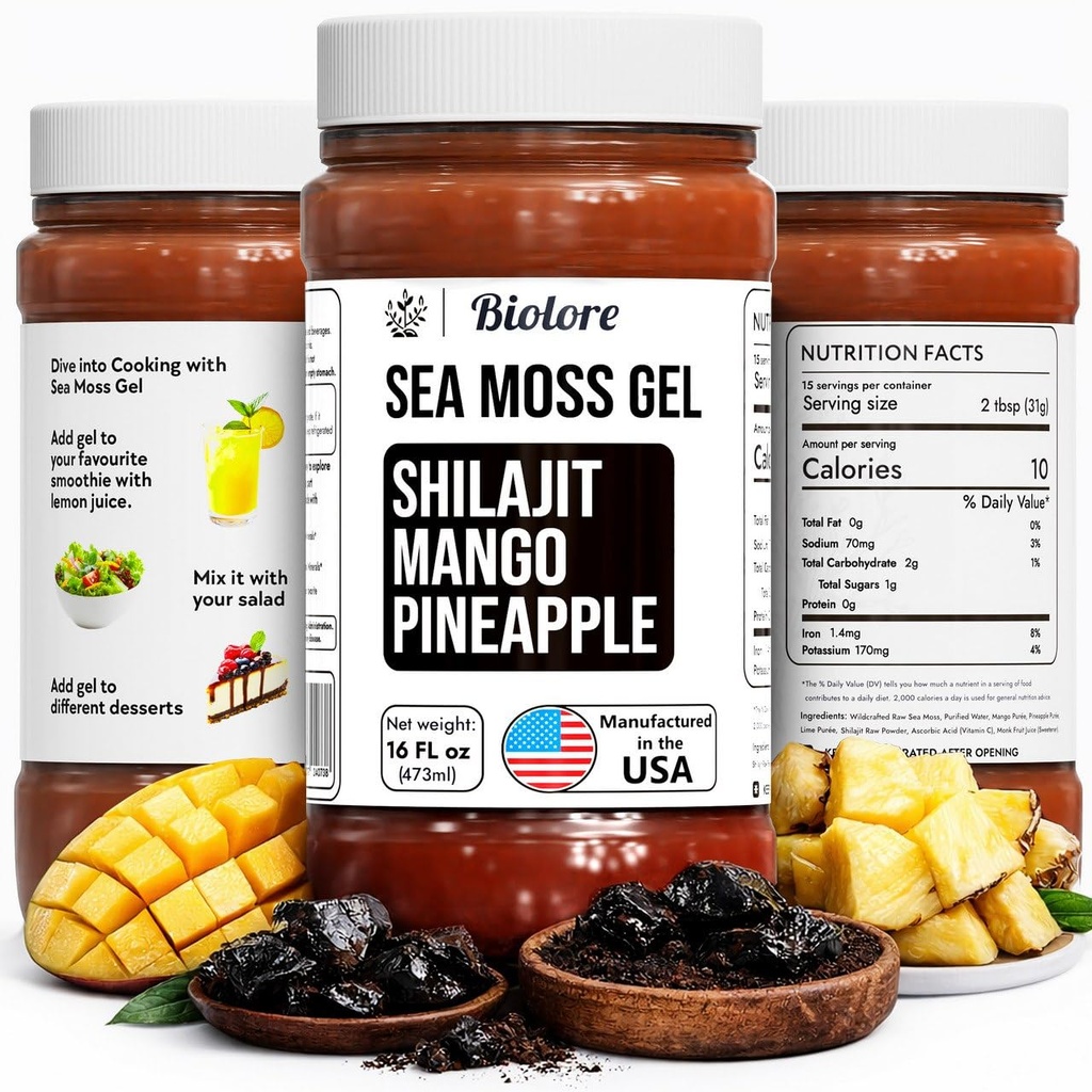 Biolore Gel de mousse de mer sauvage avec Shilajit - Ananas de mangue 16 oz - Gel de mousse de mer aromatisé avec vitamines essentielles et minéraux traces - Superfood végétalien - Fabriqué aux États-Unis, sans gluten, sans sucre ajouté