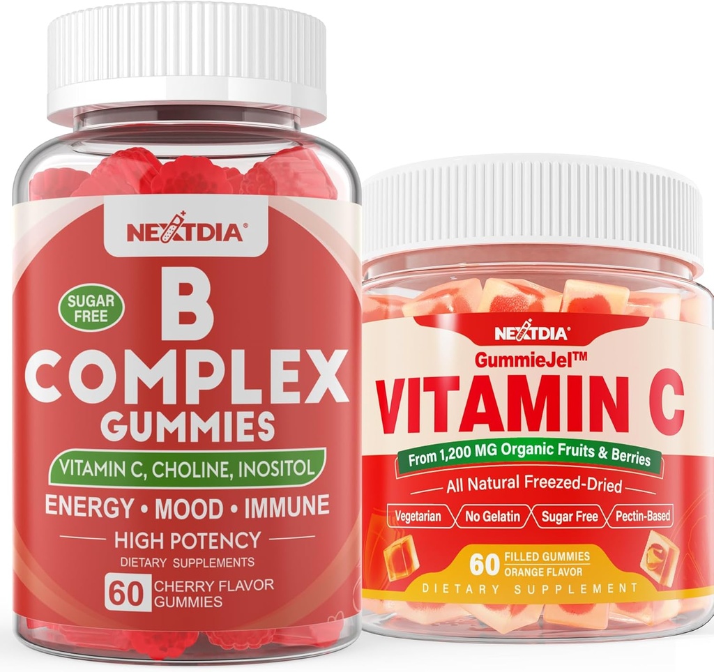 2 Pack Vitamine B Complex Gummies met 2000 mcg Methyl B12, Methyl Folate + 1 Pack Whole Food Vitamine C Gummies